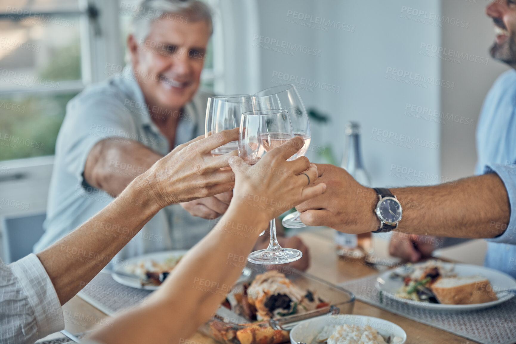 Buy stock photo Toast with a glass of wine, lunch and happy family cheers in celebration for family reunion, bonding or brunch buffet. Brunch food, alcohol drink and group of friends celebrate good news at event