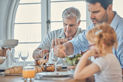 Buy stock photo Eating, dining room and senior man with his family enjoying a meal together in their modern house. Father, girl child and grandfather in retirement having food at celebration dinner, lunch or event.