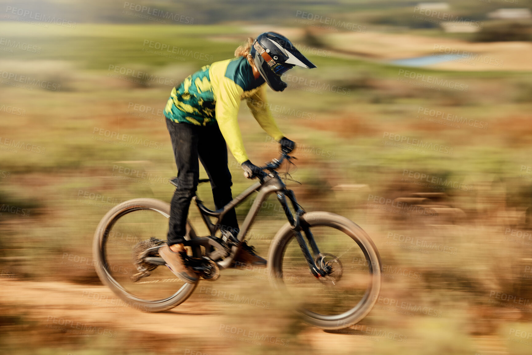 Buy stock photo Speed, action and man on mountain bike for dirt racing sports, riding on nature trail. Sports, mountain biking and blur of athlete cycling fast on dirt road for fitness, adrenaline and adventure