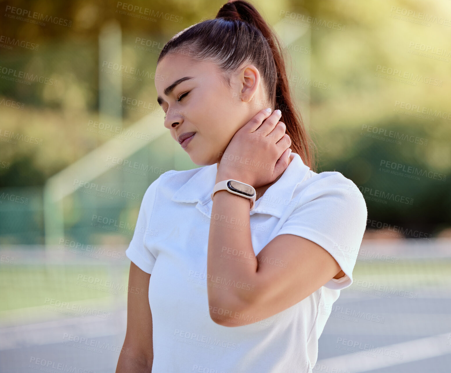 Buy stock photo Neck pain, tennis athlete and injury to muscle or nerve of woman player during training of competitive match, workout and game for exercise. Tennis player, bad sports fitness and body health wellness