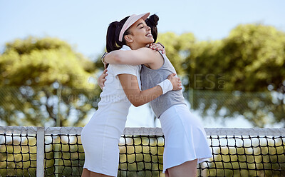 Buy stock photo Tennis court, hug or fitness women in celebration, success and congratulations from workout game, training match or exercise competition. Smile, happy or embrace tennis players in winner partnership