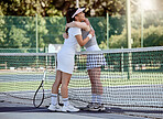 Tennis court, hug and people in outdoor park for success, thank you and love for the game, training or fitness in summer. Sports, athlete people hugging together support, collaboration or teamwork