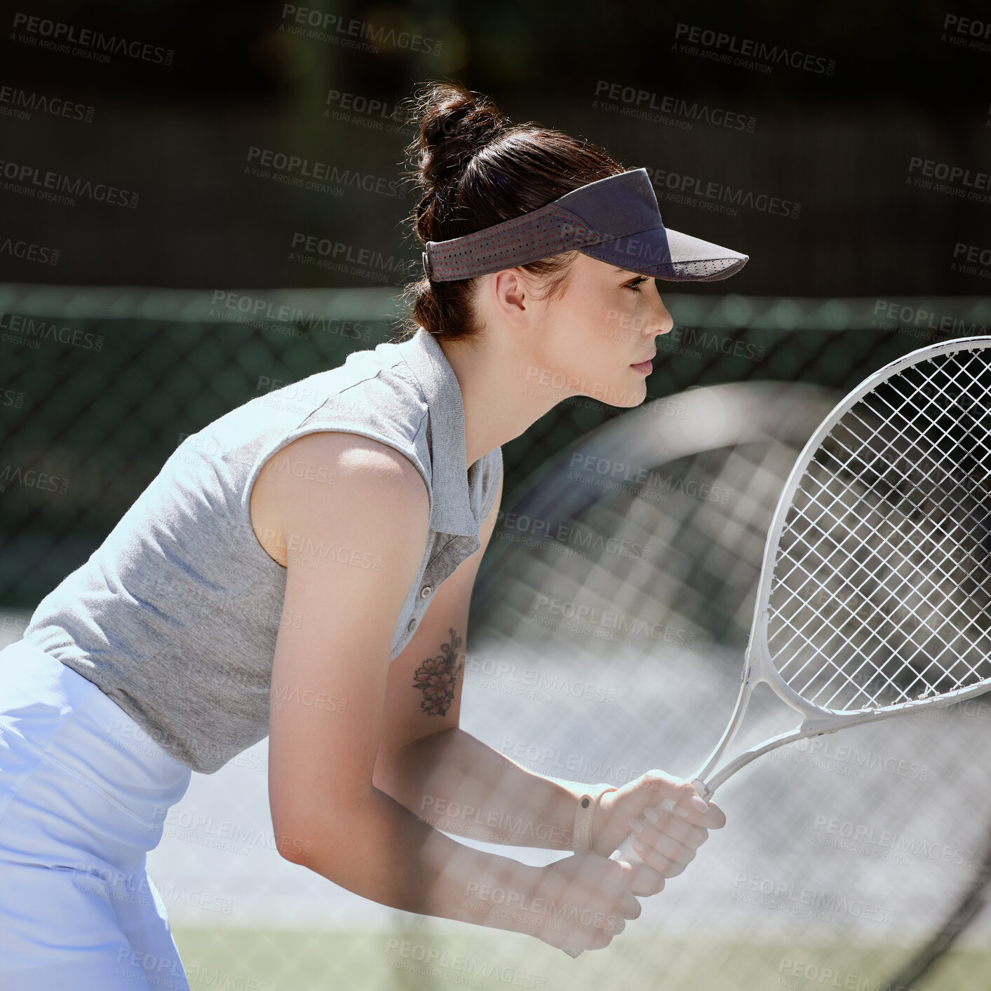 Buy stock photo Fitness, tennis and athlete with a racket on a court ready for a game, practice or training. Sports, exercise and healthy young woman from Canada preparing for a hit at a match on an outdoor field.