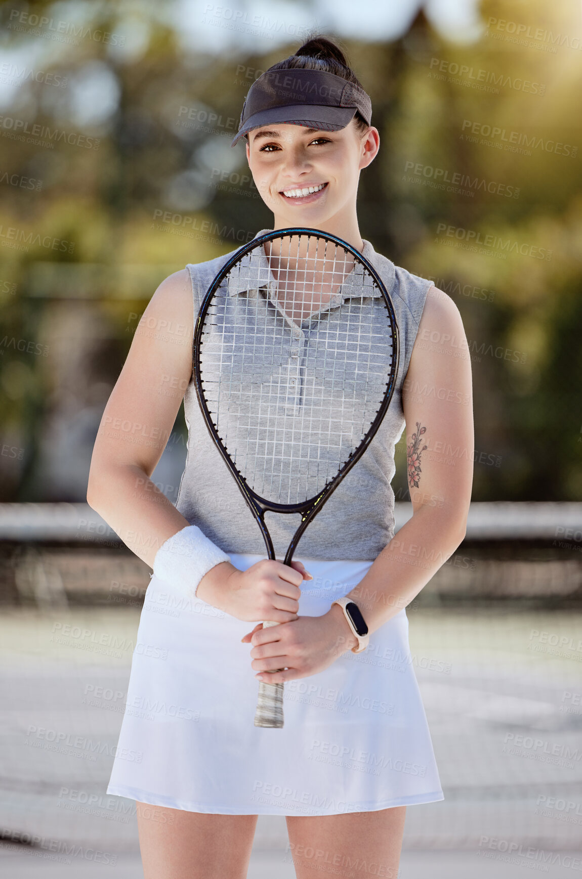 Buy stock photo Woman, portrait smile and tennis for sports exercise, training or workout at the court outdoors. Female smiling in sport fitness holding racket in happiness for healthy cardio, game or match outside