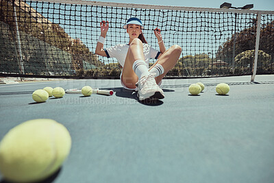 Woman, tennis ball and sport with model against net on court after exercise, workout and training for competition outdoor. Aesthetics, athlete and fashion with female on tennis court for wellness