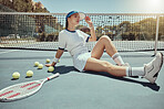 Woman, relax and tennis in sport break, relaxing, training or time out on the court outdoor in summer. Fitness women in relaxing after sports game, match or healthy cardio workout at the tennis court