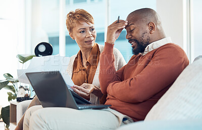 Buy stock photo Mature couple, debt and money stress, laptop admin and budget documents, finance anxiety and inflation, savings or tax problem at home. Headache man, frustrated woman and black people bankruptcy risk