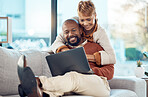 Love, hug and relax black couple on laptop bonding, enjoy quality time together and streaming online network movie. Peace, social media contact or romantic man and woman on video call communication