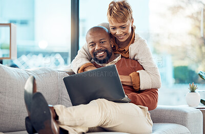 Buy stock photo Love, hug and relax black couple on laptop bonding, enjoy quality time together and streaming online network movie. Peace, social media contact or romantic man and woman on video call communication