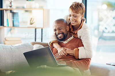 Buy stock photo Laptop, excited and couple on sofa reading email from bank for loan, investment or mortgage home success with black woman hug for support, love and care. Black people on internet for fintech website