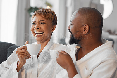 Buy stock photo Wellness, tea or coffee couple in robe enjoy luxury spa hotel break with laughter for marriage anniversary vacation. Love, married and black people on happy staycation holiday smile together.