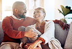 Relax, happy and love with black couple on sofa for retirement, support and smile together. Marriage, lifestyle and laughing with old man and woman in living room at home for joke, funny and bonding