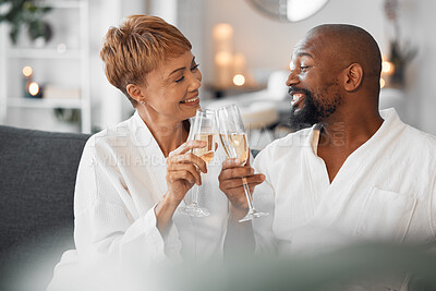 Spa, wine glass and couple toast for love celebration, self love and care together for anniversary holiday in luxury, hospitality industry. Black people with champagne drink celebrate wealth at hotel