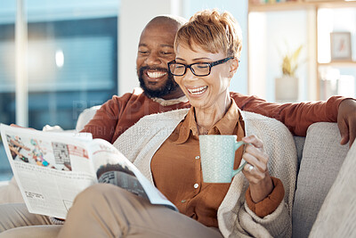 Buy stock photo Coffee, sofa and senior couple with newspaper reading story or article while drinking espresso. Black couple, tea and happy man and woman relax in house, enjoying quality time together and bonding.