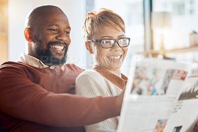 Buy stock photo Happy black couple, reading newspaper or magazine in home sofa while relax, for news in living or furniture idea. Love, smile or woman and man happiness in house for bonding, family time or romance