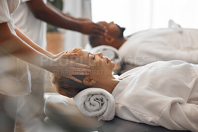 Buy stock photo Spa, couple and massage to relax, being peaceful and calm to enjoy retreat treatment for stress relief. Man, woman and massage therapist for wellness, stress free together and quality time on holiday