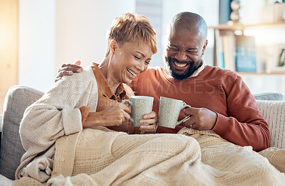 Buy stock photo Mature couple, drinking coffee on couch and laughing funny joke in living room of love, care or easy lifestyle together. Smile black couple relax, lounge or cup of tea in house for happy conversation