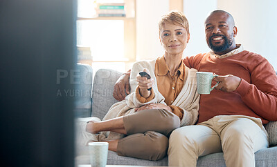 Buy stock photo Couple, bonding or television control on sofa for home movie, house show or living room multimedia streaming remote. Happy smile, black woman or mature man watching on tv subscription, coffee or tea