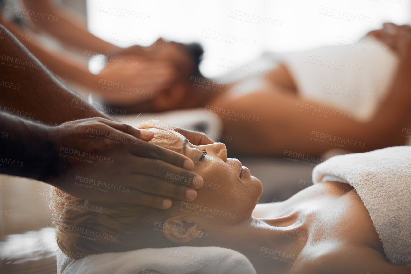 Buy stock photo Spa, wellness massage and relax couple at luxury beauty salon for body healthcare, facial treatment or stress relief. Zen peace, calm mindset or chakra energy healing for black woman, man or customer