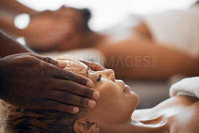 Buy stock photo Woman, head massage and couple at beauty spa for facial treatment, wellness and luxury physical therapy for stress relief, zen and calm. Skincare salon therapist, black woman face and relax vacation 