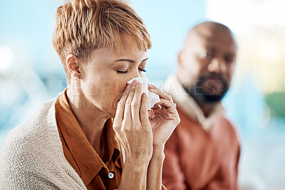 Buy stock photo Blowing nose, flu and sick black woman, allergy symptoms and covid 19 risk, tissue and sneeze with husband at home. Lady with health problems, winter allergies and corona virus bacteria in pandemic 
