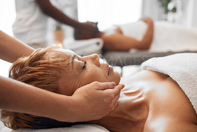 Buy stock photo Relax, luxury massage and senior couple together in hotel spa or salon for romantic anniversary weekend. Health, wellness and romance, massage therapy for mature black woman and man in retirement.