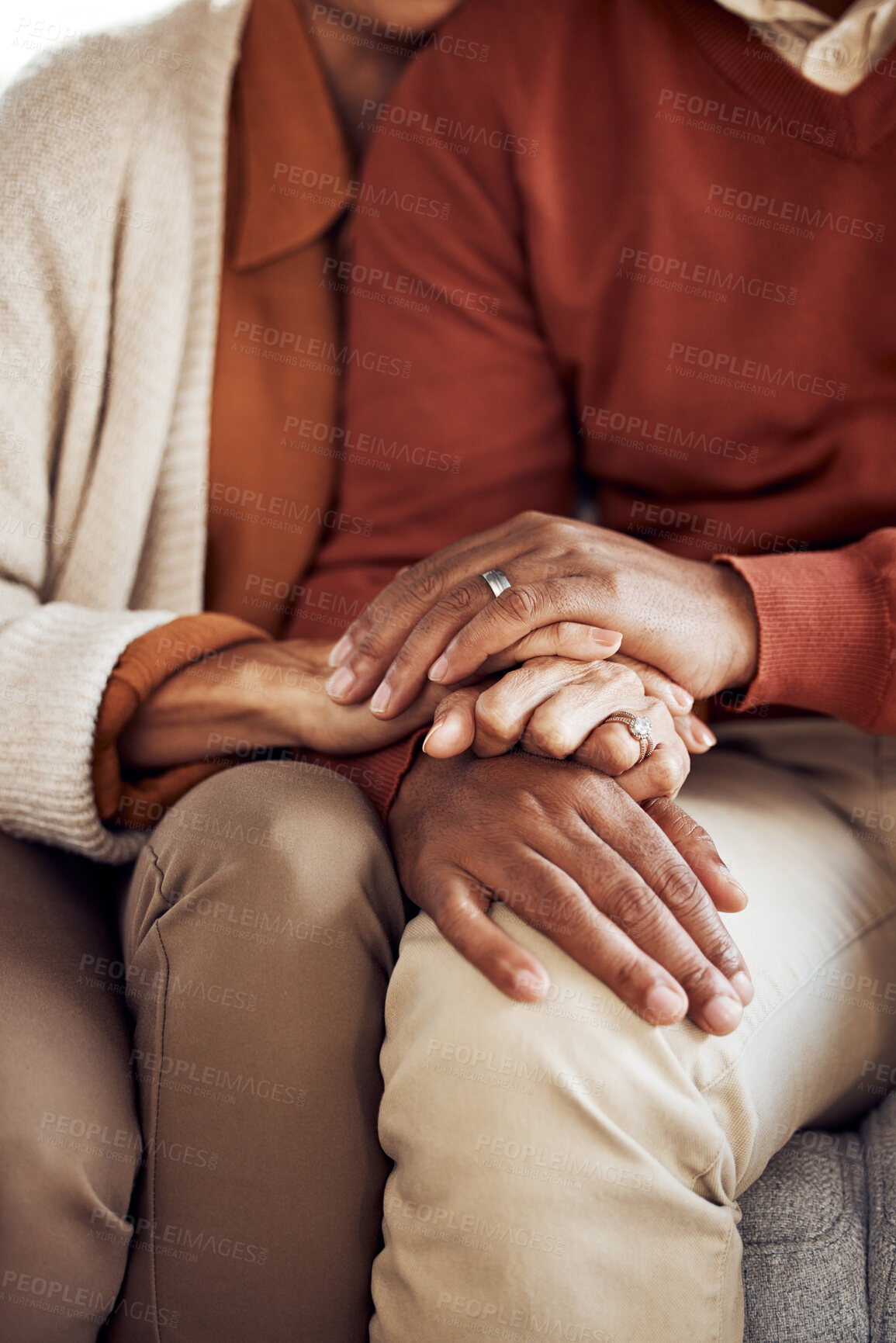 Buy stock photo Love, black couple and holding hands together for marriage, quality time and happiness for bonding and retired. Retirement, African American man and woman with romantic hand gesture and anniversary.