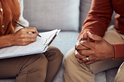 Buy stock photo Couple hands sign divorce documents, legal paperwork and contract of marriage partner in living room couch. Closeup husband, wife and people review decision, agreement and signature for separation 
