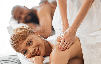 Buy stock photo Spa, relax and massage therapy for black couple on vacation in hotel resort. Wellness, body care and relaxing treatment, health and luxury massaging of happy mature man and woman on holiday together.