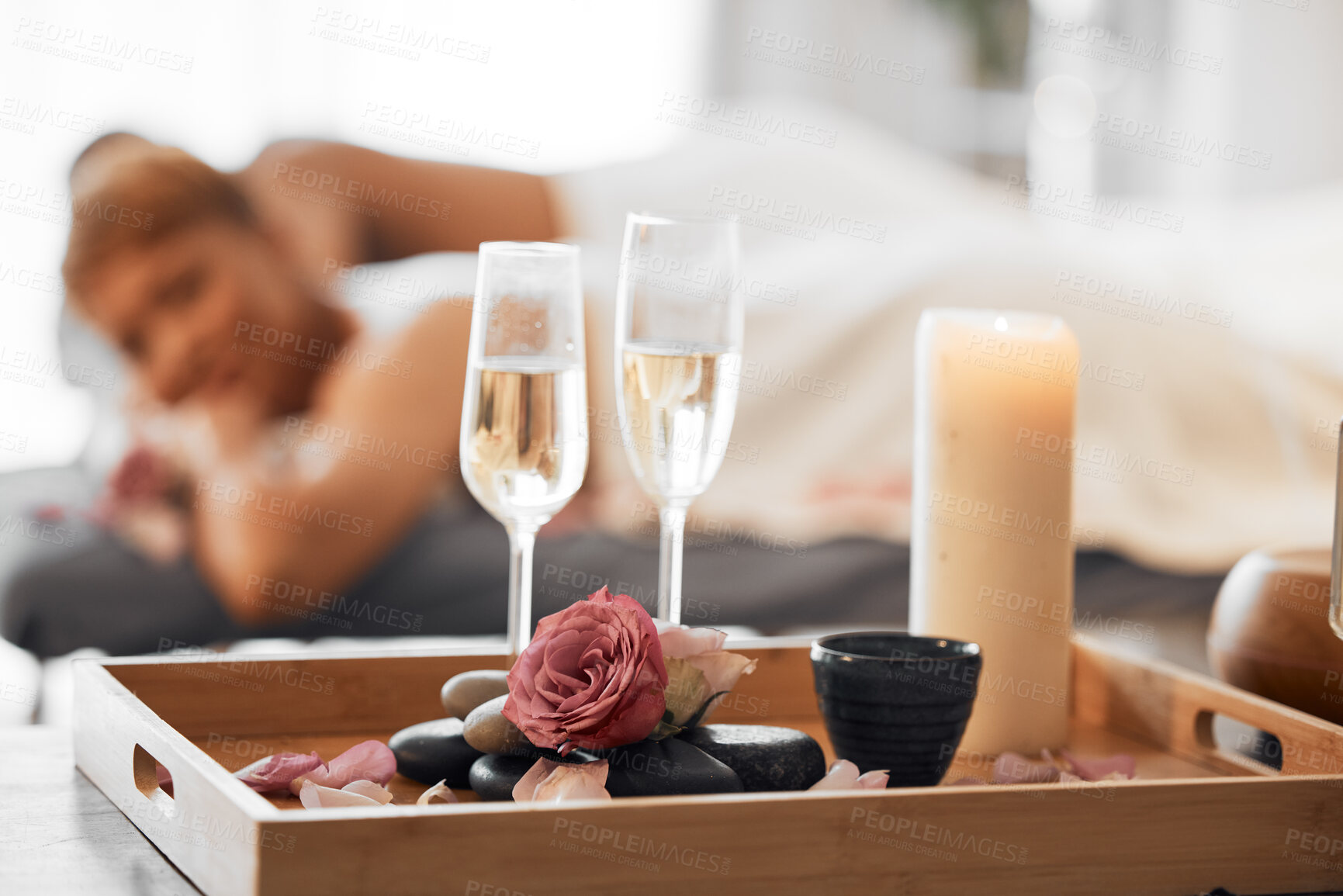 Buy stock photo Champagne, spa massage and couple relax in zen, health and wellness salon, romance and body pamper treatment.  Luxury, massage and wine at spa by woman and man enjoy peace, cosmetic and stress relief