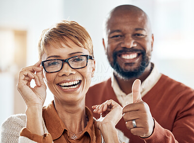 Buy stock photo Black woman, man and thumbs up for vision, eyes healthcare or glasses shopping customer for optometry glasses. Smile portrait, mature people and like hands for fashion prescription or insurance lens