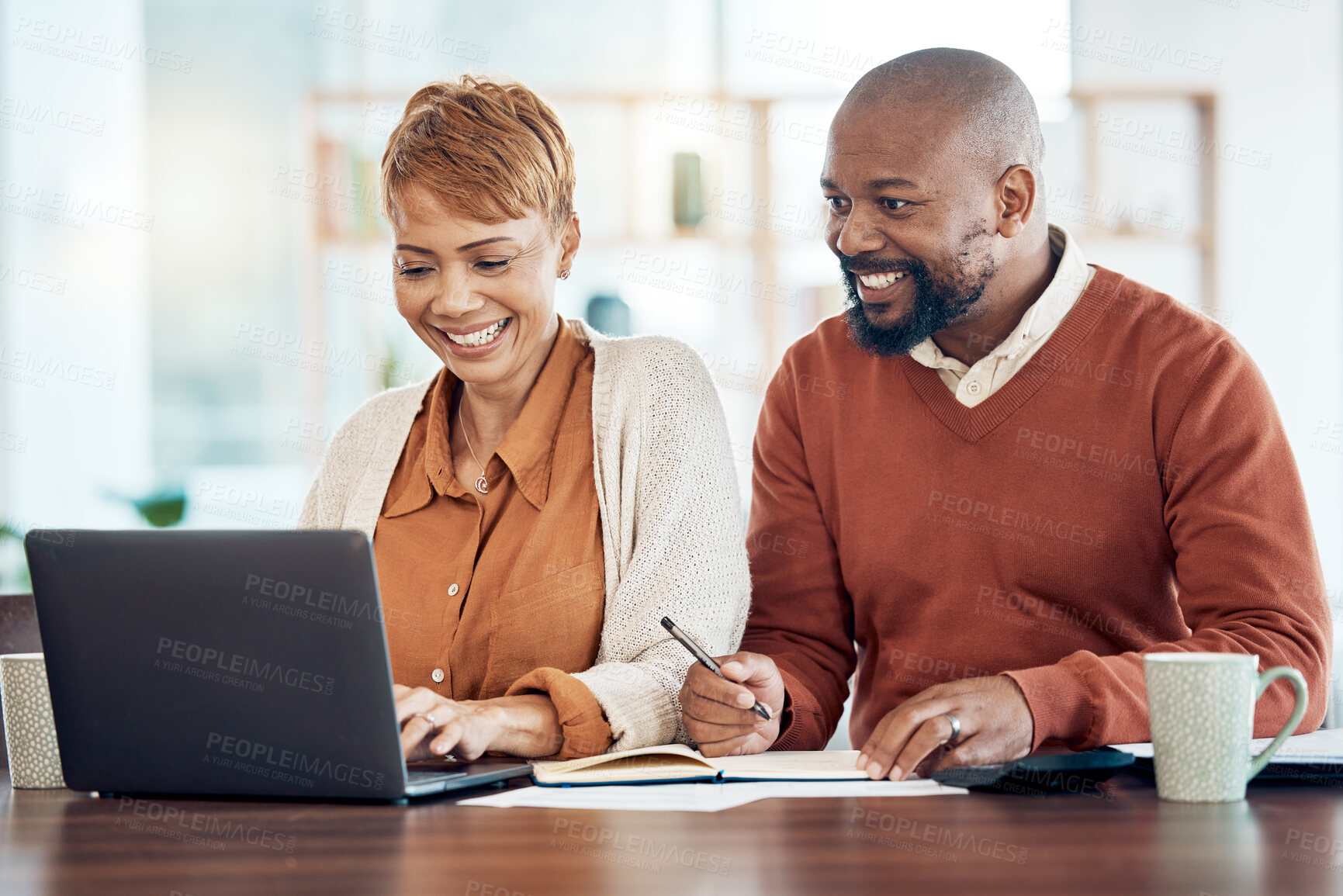 Buy stock photo Laptop, finance or black woman and man with financial documents, investment research or planning life insurance. Finance, online banking or happy black couple for home mortgage loan payment in house.