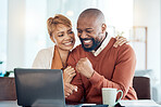 Business, digital success and home computer of black people couple and winning together. Happy, winner and trading win using technology with a celebration, excited and crypto trading achievement