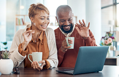 Buy stock photo Video call, laptop and happy senior couple smile, relax and excited to connect, wave and talk online at table. Black family, tea and videocall in kitchen, drinking coffee and relaxing in their home