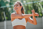 Fitness, sports and woman doing a stretching her arms before a workout or training outdoor in nature. Health, wellness and girl athlete doing a warm up exercise for her muscles, joints and body.
