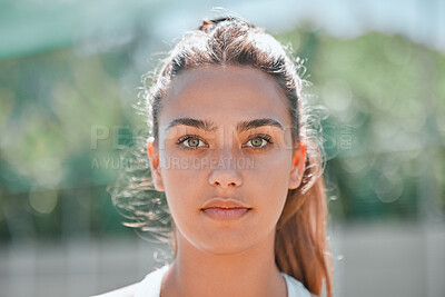 Buy stock photo Sports, winner mindset and a portrait woman on outdoor tennis or badminton court before practice game. Health, fitness workout and beauty, headshot of girl with beautiful face and winning motivation.