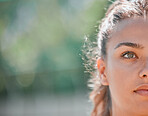 Face, eyes and woman vision mockup for natural beauty or skincare wellness treatment in bokeh background. Young beautiful girl, mental health thinking and self care inspiration in nature outdoors