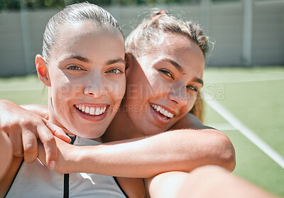 Buy stock photo Tennis, friends and sport selfie of women with a smile ready for a sports exercise and match. Happy, fitness and training athlete people at outdoor game feeling healthy from workout on a tennis court