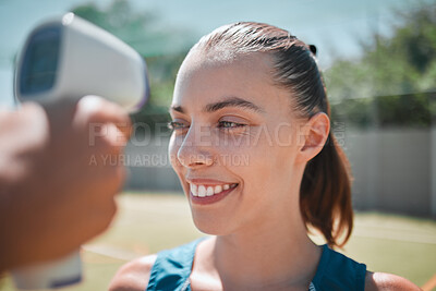 Buy stock photo Sports woman check forehead with thermometer, fever test and covid 19 health safety risk on outdoor court. Active, fitness and young female, corona virus compliance and symptoms on infrared laser gun