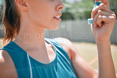 Buy stock photo Sport, tennis and woman with asthma and health, inhaler for breath during fitness on tennis court outdoor. Medical condition, athlete and sports with active life and being healthy with wellness.