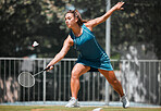 Sports, badminton and woman play game, fitness competition and practice match for outdoor tournament. Exercise, wellness and healthy athlete hit shuttlecock in performance workout on training court