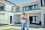 Real estate, couple and happiness of people with a new house property purchase outdoor. Portrait of happy, smile and marriage of a senior man and woman together in retirement smiling with a hug