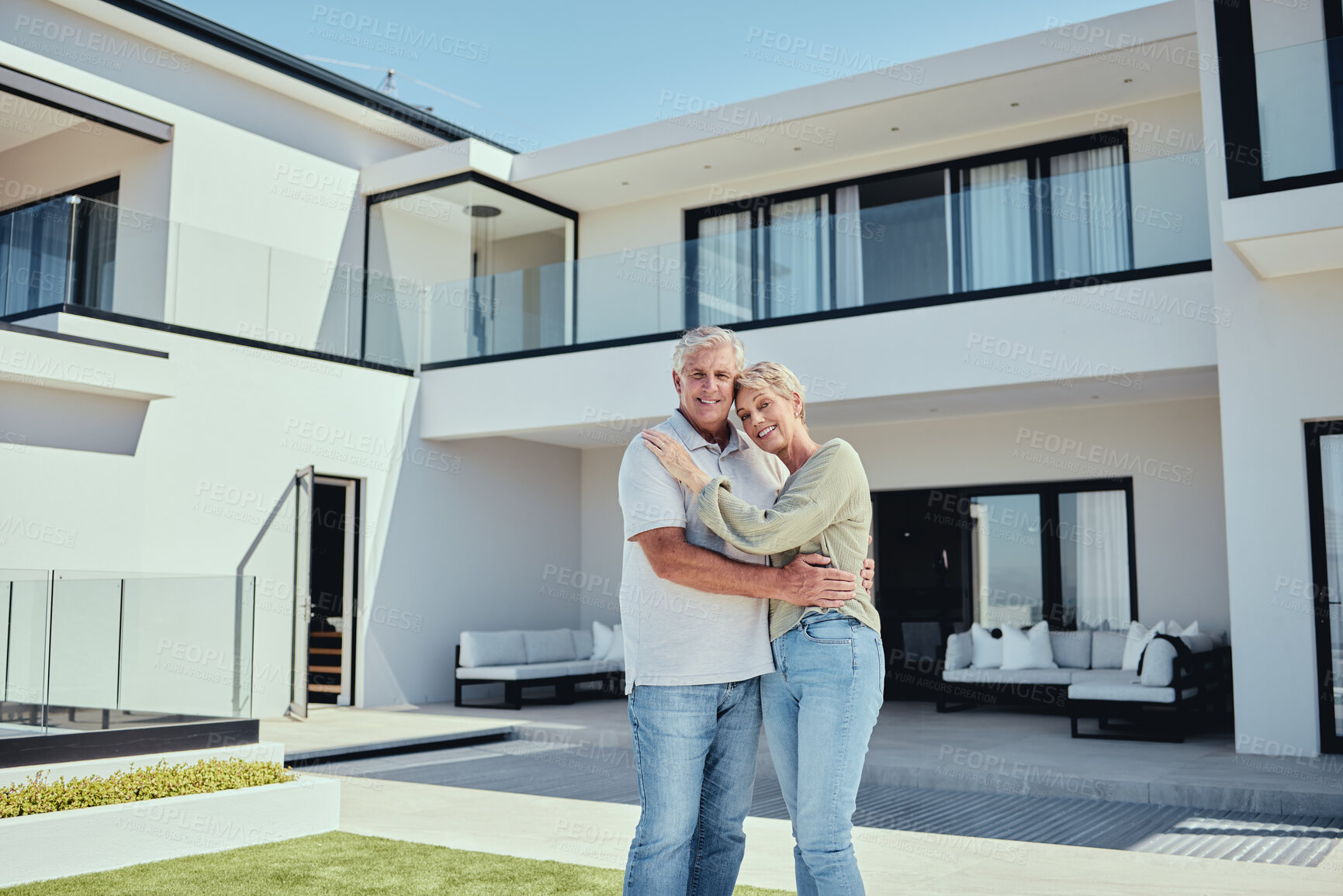 Buy stock photo Real estate, couple and happiness of people with a new house property purchase outdoor. Portrait of happy, smile and marriage of a senior man and woman together in retirement smiling with a hug