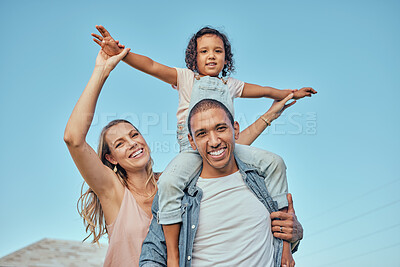 Buy stock photo Family, play and smile with quality time in nature with a mother, dad and girl with happiness. Portrait of a happy father, mom and child together with love and interracial parent care for a kid