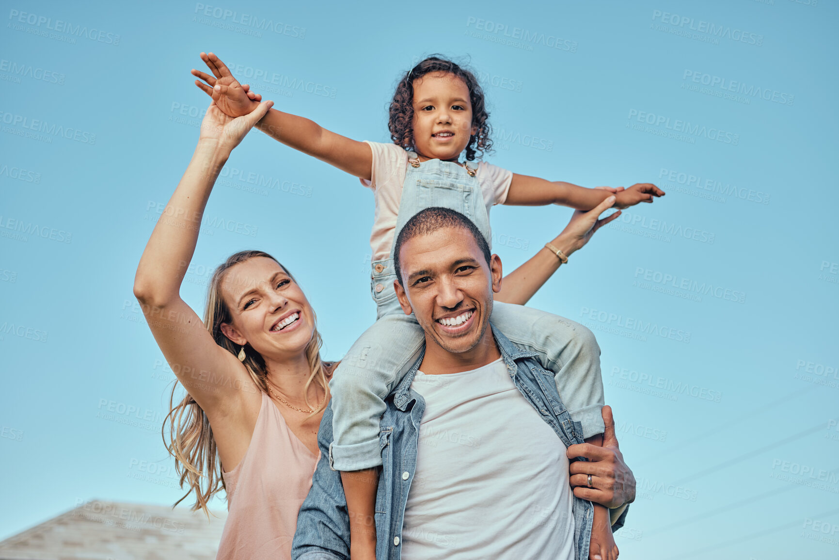 Buy stock photo Family, play and smile with quality time in nature with a mother, dad and girl with happiness. Portrait of a happy father, mom and child together with love and interracial parent care for a kid