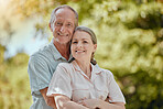 Happy, love and portrait of old couple in park for retirement, smile and hug in nature. Peace, wellness and health with old man and woman in countryside for calm, lifestyle and marriage milestone