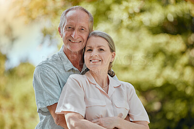 Buy stock photo Happy, love and portrait of old couple in park for retirement, smile and hug in nature. Peace, wellness and health with old man and woman in countryside for calm, lifestyle and marriage milestone