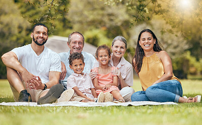 Buy stock photo Family, picnic and smile of a mother, dad and kids with grandparents in a nature park. Portrait of children, mom and dad loving summer together with a smile and quality time bonding outdoor with love
