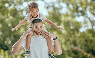 Buy stock photo Family, happiness and nature park with dad carrying child on shoulders for fun, adventure and quality time together in summer. Portrait of man and boy outdoor to relax, smile and happy about freedom 