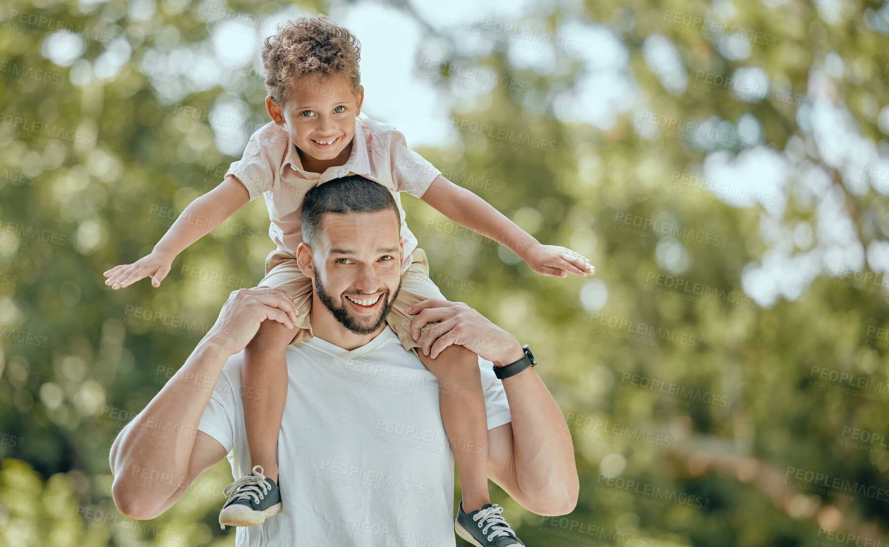 Buy stock photo Family, happiness and nature park with dad carrying child on shoulders for fun, adventure and quality time together in summer. Portrait of man and boy outdoor to relax, smile and happy about freedom 